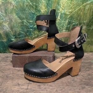 Free People Black Leather Clogs with Wooden Heel
